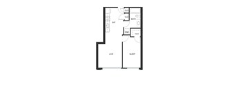 A floor plan of a small apartment with a living room, kitchen, bathroom, dining room, and bedroom.