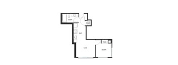 A floor plan of a small apartment with a bathroom, kitchen, living room, and bedroom.