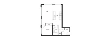 A floor plan of a small apartment with a living room, sleeping area, and bathroom.