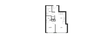 A floor plan of a small apartment with a living room, bedroom, bathroom, and kitchen.