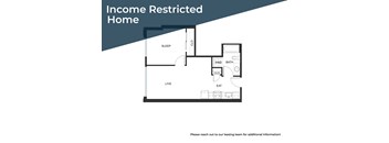 A floor plan of an income restricted home with a sleeping area, a living area, a washroom, and a kitchen.