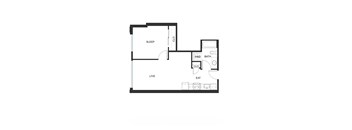 A floor plan of a small apartment with a sleeping area, a living area, a bathroom, and a kitchen.