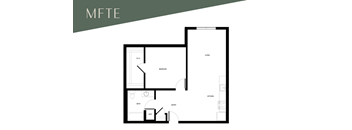 A floor plan of a house with a living room, kitchen, bathroom, and two bedrooms.