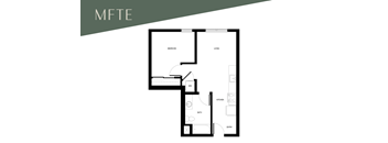 A floor plan of an apartment with a kitchen, living room, and bathroom.