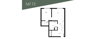 A floor plan of a two-bedroom apartment with a kitchen, bathroom, and living room.