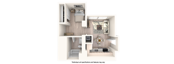this is a 3d floor plan of a 824 square foot 1 bedroom apartment at the
