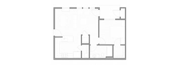 A floor plan of a house with multiple rooms and a kitchen area.
