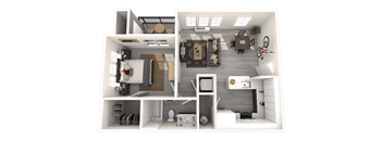 a rendering of a 3d floor plan with a bedroom and a living room