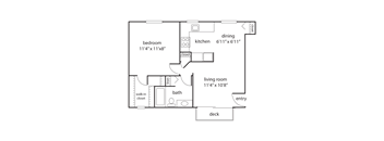 A floor plan of a small apartment with a bedroom, living room, kitchen, and bath.