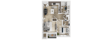 A top-down view of a well-organized apartment with a kitchen, living room, and bedroom.