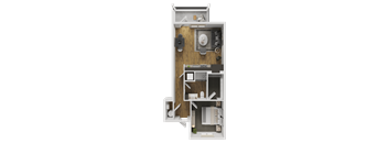 A top-down view of a small, neatly organized apartment with a kitchen, living room, and bathroom.