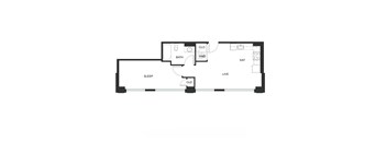 A floor plan of a house with a living room, dining room, kitchen, two bedrooms, and a bathroom.