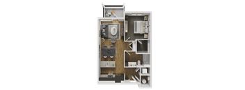 A 3D rendered image of a small apartment layout.