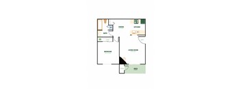 A floor plan of a house with a kitchen, living room, dining room, bathroom, bedroom and deck.