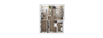 a stylized floor plan with a bedroom and a living room