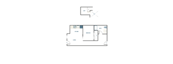 A floor plan of a house with a kitchen, living room, and bedrooms.