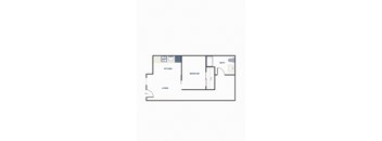 A floor plan of a small apartment with a kitchen, living room, bedroom, and bathroom.
