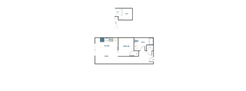 A floor plan of a house with a kitchen, living room, and bathroom.