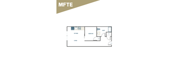 A floor plan of a small apartment with a kitchen, living room, and bedroom.