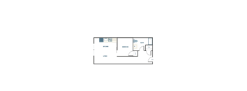A floor plan of a house with a kitchen, living room, bedroom, bathroom, and entry.