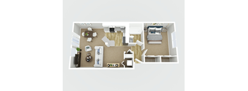 A top-down view of a small apartment with a bedroom, living room, and kitchen.