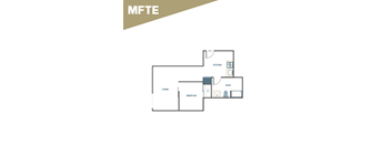 A floor plan of a house with a living room, bedroom, bathroom, and kitchen.