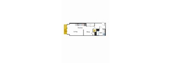 A floor plan of a room with a kitchen, living room, sleeping area, and bathroom.
