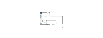 A floor plan of a house with a kitchen, bathroom, and living room.