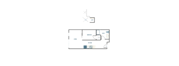 A floor plan of a house with a living room, kitchen, bathroom and bedroom.