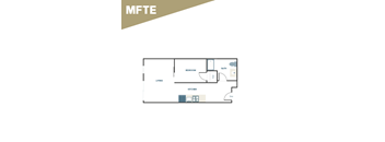 A floor plan of a one bedroom apartment with a kitchen and bathroom.