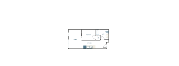 A floor plan of a house with a living room, kitchen, bedroom, and bathroom.