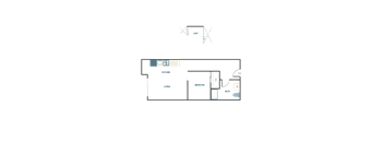 A floor plan of a house with a kitchen, living room, bedroom, and bathroom.