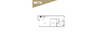 A floor plan of a small apartment with a kitchen, living room, bedroom, and bathroom.