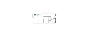 A floor plan of a house with a living room, kitchen, bedroom and bathroom.