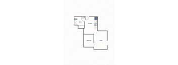 A floor plan of a home with a bedroom, living room, and kitchen.