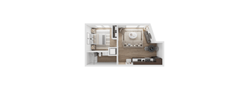 a stylized floor plan of a bedroom with a bathroom and a living room