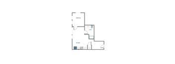 A floor plan of a house with a bedroom, bath, and kitchen.