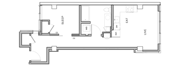 A floor plan of a house with a sleeping area, a living area, and a kitchen.