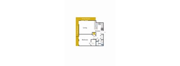 A diagram of a house layout with a living room, kitchen, bedroom, and bathroom.
