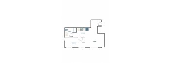 A floor plan of a living space with a bedroom, kitchen, and bathroom.
