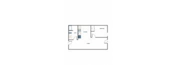 A floor plan of a living space with a kitchen, bathroom and bedroom.