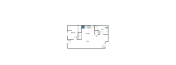 A floor plan of a room with a kitchen, living room, and bathroom.