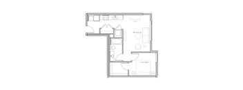 floor plan of the first floor of an apartment with bedroom and living room and kitchen
