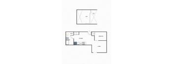 A floor plan of a small apartment with a living room, kitchen, bedroom, and bathroom.