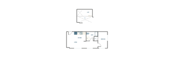A floor plan of a house with a living room, kitchen, and bathroom.