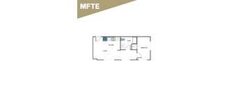 A floor plan of a small apartment with a kitchen, living room, and bedroom.