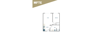 A floor plan of a small apartment with a living room, bedroom, kitchen, and bathroom.