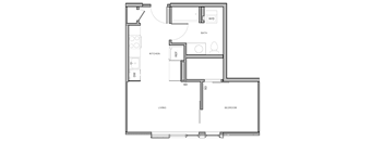 A floor plan of a small apartment with a living room, kitchen, bathroom, and bedroom.