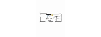 A floor plan of a small apartment with a living room, kitchen, and bedroom.