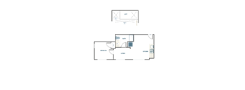 A floor plan of a house with a bedroom, bathroom, living room and kitchen.